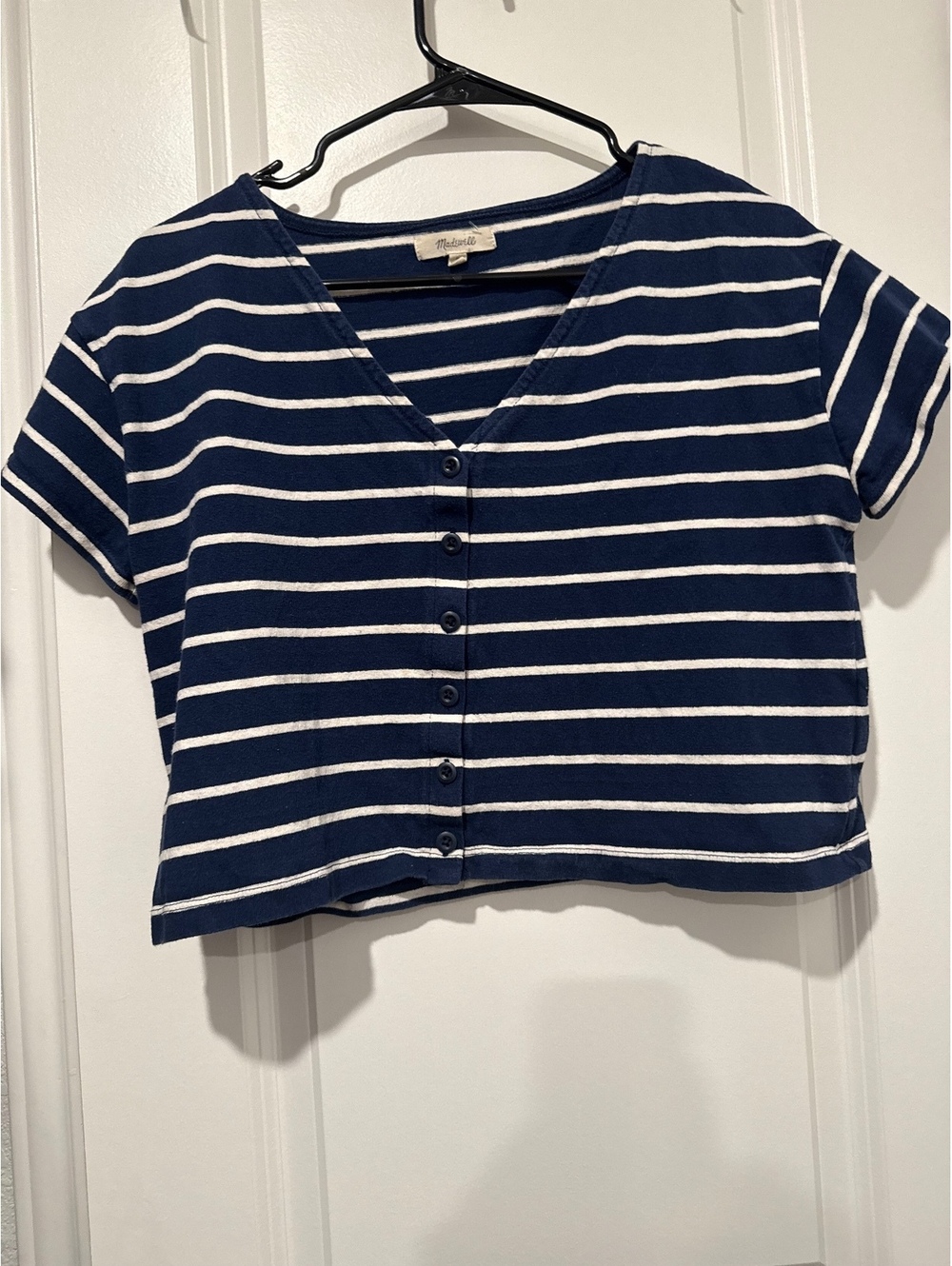 Madewell Women's Medium Navy Blue and White Striped Button-Front Crop Top